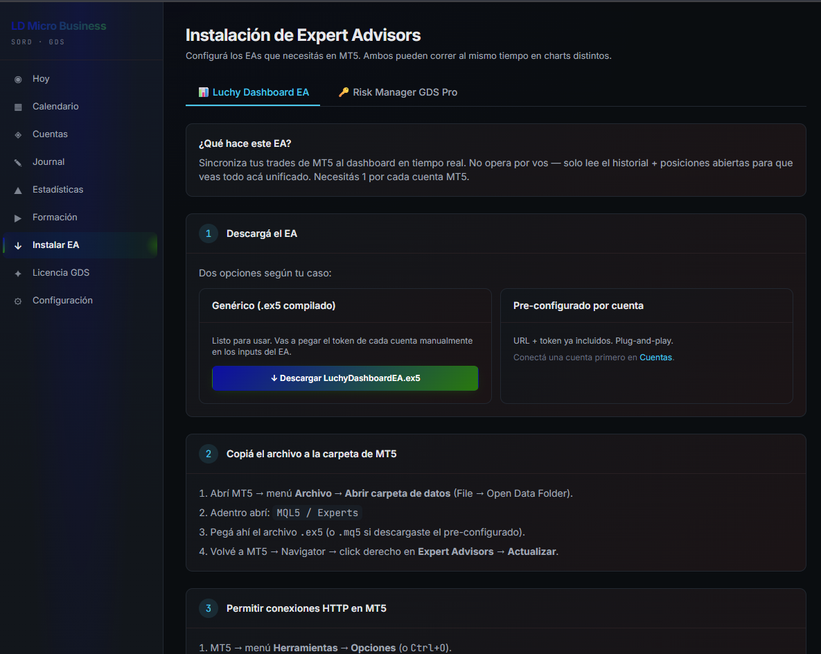 Dashboard de Luchy Dashboard — sección Instalar EA con descarga del Risk Manager GDS Pro y guía de configuración